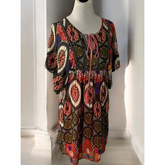 Ya Los Angeles Womens Multicolor Boho Geometric Kaftan Keyhole Mini Dress Medium - Picture 8 of 12
